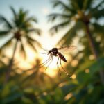 AI created image of a mosquito flying with palm trees in the background
