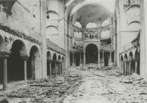 Destroyed interior of a Berlin synagogue after Kristallnacht.
