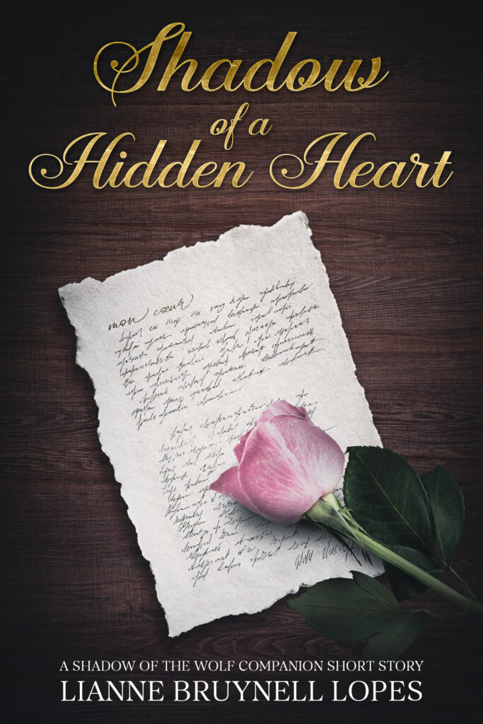 Book cover for the short story "Shadow of a Hiden Heart" Shows an old letter and a pale pink rose lying on top of it
